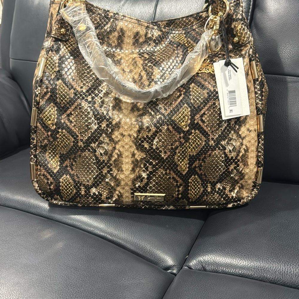 Brown and Black Snake Print Shoulder Bag with Metallic Accents